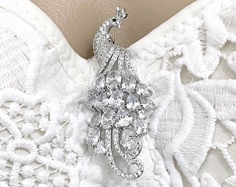 Peacock Wedding Brooch, Cz Bridal Brooch, Wedding Dress Bustier Pin, Bridal Bouquet Pin, Silver or Gold  Bridal Jewelry, PEACOCKI