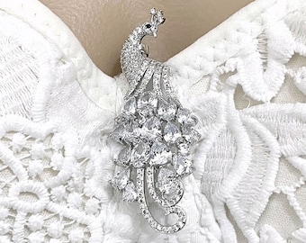 Peacock Wedding Brooch, Cubic Zirconia Bridal Jewelry, Cz Bustier Pin, Silver or Gold, PEACOCKI