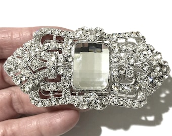 Art Deco Bridal Brooch, 1920s Vintage Style Sash Pin, Gatsby Wedding Brooch Pin, Geometric Crystal Dress Brooch, Edwardian Jewelry, ELITE