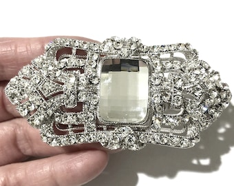Art Deco Bridal Brooch, 1920s Vintage Style Sash Pin, Gatsby Wedding Silver Brooch Pin, Geometric Crystal Brooch, Edwardian Jewelry, ELITE