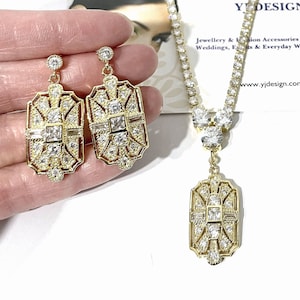 Art Deco Bridal Jewelry, 1920s Vintage Style Glam Wedding Necklace, Geometric Dangle Bridal Earrings, Gatsby Wedding Cz Jewelry, ELITE
