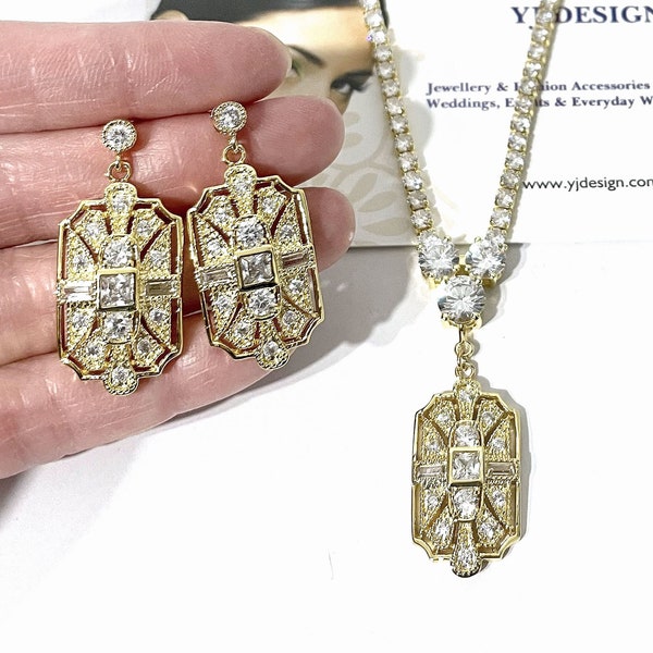 Art Deco Bridal Jewelry, 1920s Vintage Style Glam Wedding Necklace, Geometric Dangle Bridal Earrings, Gatsby Wedding Cz Jewelry, ELITE