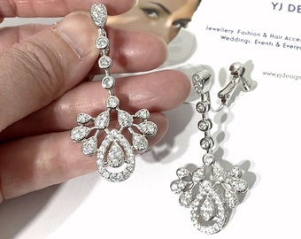 Peacock Bridal Earrings with Clip On, Bird Feather Clipon Ear, Art Nouveau Vintage Wedding Style, Statement Cz Silver Jewelry, NOVA
