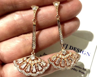 Rose Gold Bridal Earrings, Art Deco Gatsby Wedding Earrings, Geometric Fan Earrings, Cubic Zirconia Cz Linear Wedding Jewelry Gift, FANNING