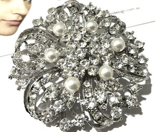 Art Nouveau Pearl Rhinestone Bridal Brooch, Wedding Sash Pin, Silver Flower Bouquet Jewelry, ERIN