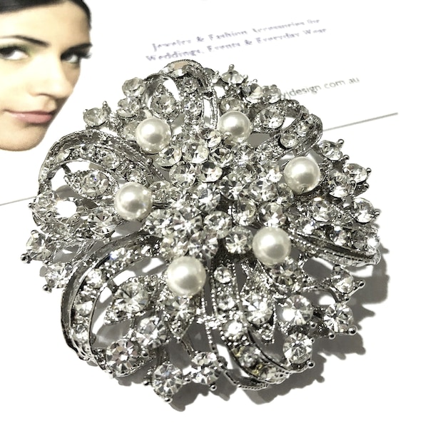 Art Nouveau Pearl Rhinestone Bridal Brooch, Wedding Sash Pin, Silver Flower Bouquet Jewelry, ERIN