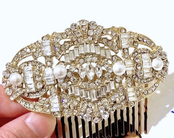 Gold Bridal Hair Comb, Bridal Hair Jewelry, Art Deco Wedding Hair Comb, Gatsby Bridal Headpiece, White Ivory Pearl Hair Comb, MERIDAS