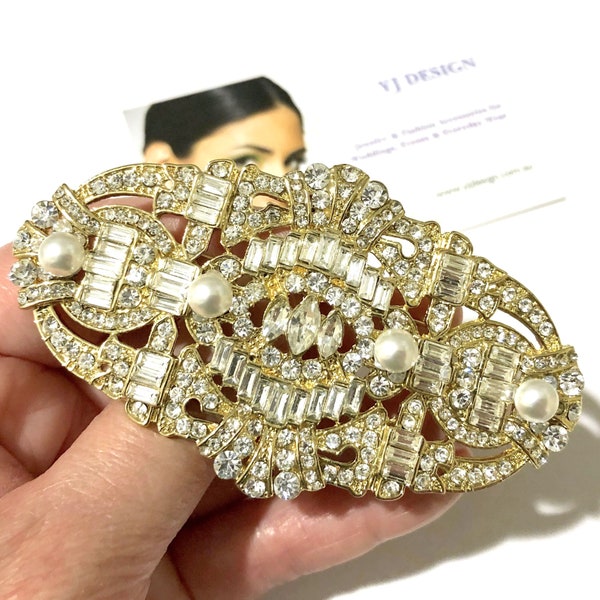 Gold Wedding Brooch, Gatsby Bridal Brooch, Geometric Bridal Dress Jewelry, Crystal Pearl Brooch Pin,  Art Deco Wedding Jewelry Gift, MERIDA