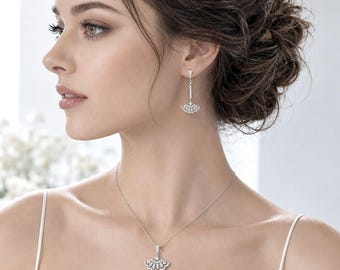 Art Deco Bridal Jewelry Set, Linear Cz Dangle Earrings, Fan Shape Necklace Pendant, Rose Gold or Silver Wedding Jewelry, FANNING