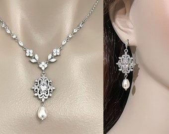 Bridgerton Bridal Jewelry, Victorian Damask Bridal Earrings, Statement Necklace, Regency Wedding Style Jewelry, Fleur De Lis Earrings, RAIA