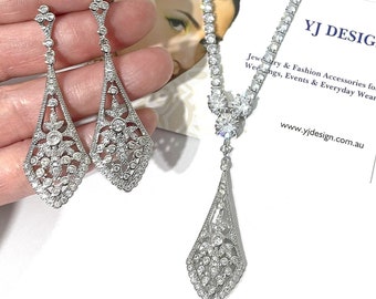 Art Deco Bridal Jewelry, Gatsby Statement Cz Necklace, Geometric Bridal Earrings, Flapper Wedding 1920s Vintage Style Jewelry, ATELIA