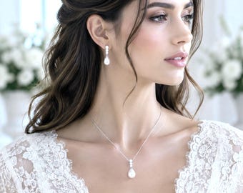 Pearl Drop Bridal Jewelry Set, Freshwater Teardrop Earrings, Cz Pendant Necklace, Classic Minimalist Wedding, MIKO
