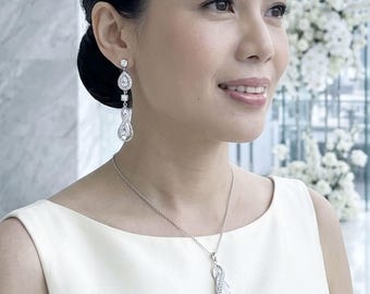 Infinity Bridal Jewelry Set, Linear Dangle Earrings, Cz Teardrop Necklace, Figure Eight Twirl Wedding Jewelry, ETERNAL