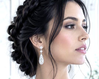 Art Deco Bridal Jewelry Set, Gatsby Wedding Earrings, Geometric Statement Necklace, Cz Cluster Drop Dangles, TAMARA