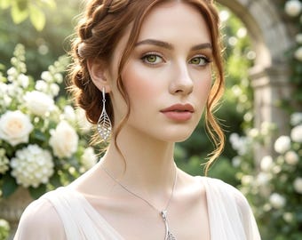 Leaf Bridal Jewelry Set, Leaves Skeleton Earrings, Crystal Pendant Necklace, Garden Wedding, LEAFY