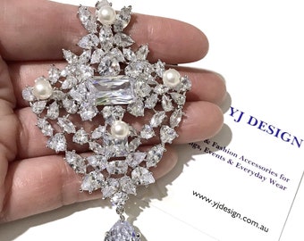 Art Deco Bridal Brooch, Victorian Style CZ Pearl Bustier Sash Pin, Queen ELIZABETH Wedding Jewelry