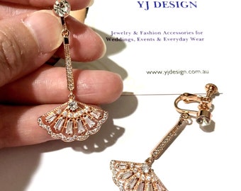 Art Deco Bridal Earrings, Clipon Gatsby Wedding Earrings, Geometric Fan Cz Vintage 1920 Style Bridal Jewelry, Rose Gold Earrings, FANNING