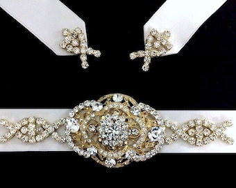 Art Deco Bridal Sash, Gatsby Wedding Sash, Glamour Statement Bridal Belt, Gold or Silver Rhinestone Crystal Wedding Sash Belt, COUNTESS