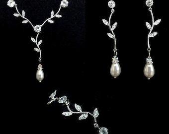 TWIGS Bridal Jewelry Set, Leaves Wedding Earrings, Vines Bridal Necklace, Branches Wedding Bracelet, Cz Pearl Wedding Jewelry