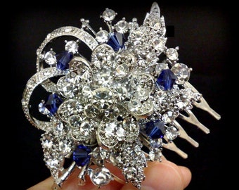 Something Blue Bridal Hair Comb, Sapphire Blue Bridal Hair Jewelry, Crystal Wedding Headpiece, Rhinestone Hair Comb Gift, BOUQUET
