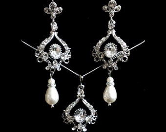 Chandelier Bridal Jewelry Set, Victorian Wedding Pearl Drop Earrings, Clear Crystal Necklace, NARNIANI