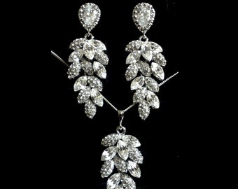 Leaves Bridal Jewelry, Leaf Cluster Earrings on Sterling Posts Earrings, Crystal Dangle Pendant Necklace, Nature Inspired Wedding, BOTANICA