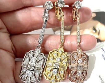 Art Deco Bridal Earrings Clip On, Regency Wedding Jewelry, Gatsby Vintage 1920s Style, Long Dangle Cz Glam Clipons Closure, ELITE