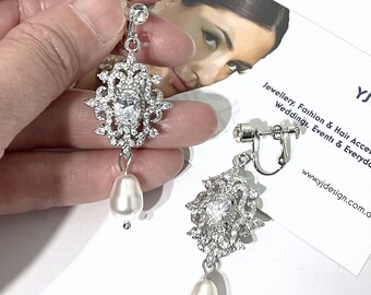 Regency Wedding Earrings, Chandelier Bridal Ear Clips, Victorian Damask Vintage Style Pearl Drop Cz Jewelry, RAIA