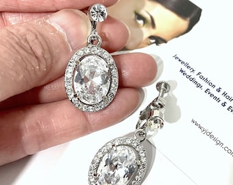 Oval Bridal Dangle Clip On Earrings, Cubic Zirconia Geometric Wedding Jewelry, OVALIA