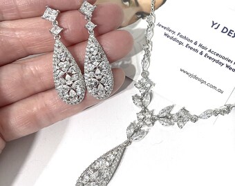 Art Deco Bridal Jewelry, Gatsby Bridal Earrings, Geometric Bridal Necklace, Cubic Zirconia Cz Wedding Jewelry, Gifts for Her, TAMARA