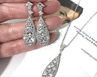 Geometric Bridal Jewelry, Gatsby Bridal Earrings, Art Deco Bridal Necklace, Pear Drop Wedding Earrings, Cz Wedding Jewelry, TAMARA