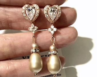 Rose Gold Bridal Earrings, Almond Beige Pearl Dangle Earrings, Cubic Zirconia Cz Bridal Jewelry, Champagne Beige Wedding Gifts, JOLI