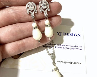 Regency Bridal Jewelry Set, Bridgerton Vintage Style Earrings, Pearl Drop Cz Earrings, Ivory White Pendant Necklace, Gifts for Her, UNIQUE
