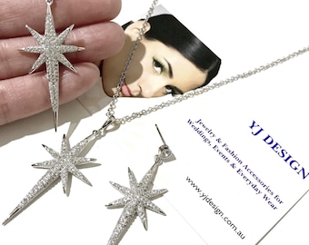Star Bridal Jewelry Set, Celestial Earrings, Starburst Necklace Pendant, Galaxy Inspired Wedding, STARLIGHT