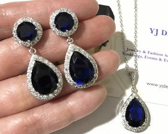 Something Blue Bridal Jewelry, Sapphire Blue Bridal Earrings, Drop Bridal Necklace, Cz Bridal Jewelry Set, September Birthstone, SANSANI
