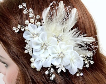 Flower Bridal Hair Comb, Feather Fascinator, Ivory Chiffon Pearl Crystal Leaves Veil Wedding Headpiece, MELIANA