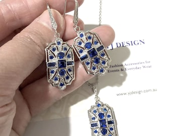 Something Blue Bridal Jewelry, Gatsby Wedding Art Deco Earrings, 1920s Vintage Style Necklace Pendant, Cz Geometric Jewelry, ELITE