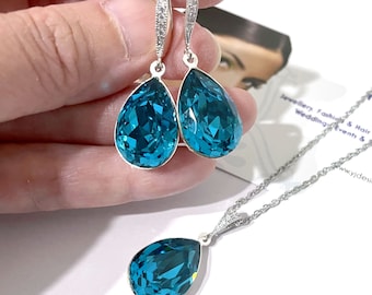 Something Blue Teal Green Bridal Jewelry Set, Peacock Wedding Necklace, Austrian Crystal Earrings, Art Nouveau Bridesmaids Gifts, BEAU