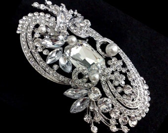 Statement Wedding Brooch, Silver Bridal Jewelry, White Pearl Brooch, Rhinestone Crystal Bridal Brooch, Vintage Wedding Sash Pin, ANDROMEDA