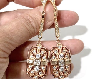 Gatsby Wedding Earrings, Art Deco Bridal Earrings, Rose Gold Geometric Linear Earrings, Regency Vintage Style 1920s Jewelry, ELITE