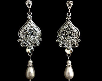 Chandelier Bridal Earrings, Victorian Wedding Earrings, Pearl Drop Wedding Jewelry, Dangle Earrings, Clear Crystal Bridal Jewelry, ALLY