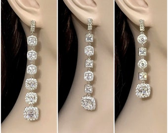 Long Dangle Square Bridal Earrings, Geometric Wedding Cz Drop Earrings, Cubic Zirconia Princess Cut Jewelry Gift, DIAMANT