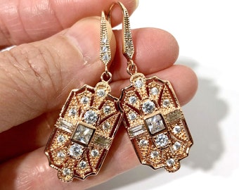 Art Deco Bridal Earrings, Gatsby Wedding 1920s Vintage Style Earrings, Geometric Dangle Earrings, Cubic Zirconia Cz Pink Gold Jewelry, ELITE