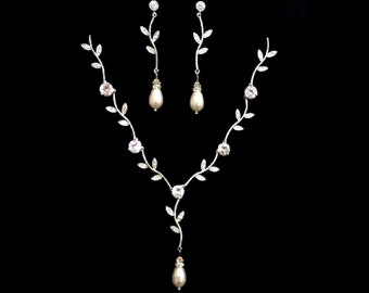 Twigs Bridal Jewelry Set, Cz Bridal Earrings, Vines Bridal Necklace, Leaves Wedding Jewelry, Pearl Earrings, Wedding Necklace, TWIGS