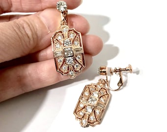 Gatsby Bridal Earrings Clip On, Art Deco Wedding Clipon Earrings, 1920s Vintage Style Geometric Cz Earrings, Rose Gold Jewelry, ELITE