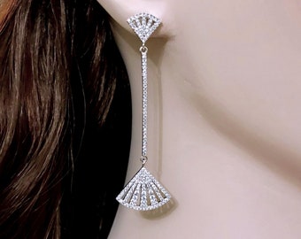 Art Deco Bridal Earrings, Gatsby Vintage Style Wedding Geometric Jewelry, Fan Shape Cz Linear Dangle Ear Posts, FANLIKE