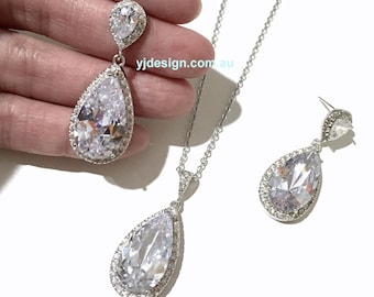 Teardrop CZ Bridal Jewelry Set, Pave Dangle Earrings,  Wedding Necklace Pear Drop Pendant, RAINA