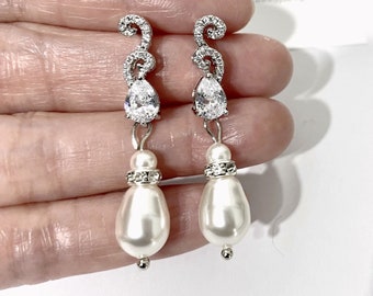 Pearl Drop Bridal Earrings, CZ Swirl Dangle, Art Nouveau Wedding Jewelry, Regency Vintage Style Bridgerton Gifts, BLITHE