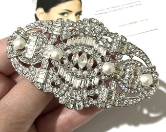 Art Deco Bridal Brooch, 1920s Gatsby Vintage Style, Rhinestone Crystal Pin,  Silver or Gold Statement Wedding Jewelry, MERIDA