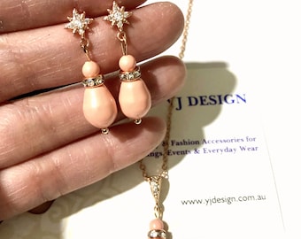 Rose Gold Bridal Jewelry Set, Swarovski Pearl Drop Star Posts Bridal Earrings, Art Deco Wedding Teardrop Necklace, Galaxy Jewelry. STELLAR
